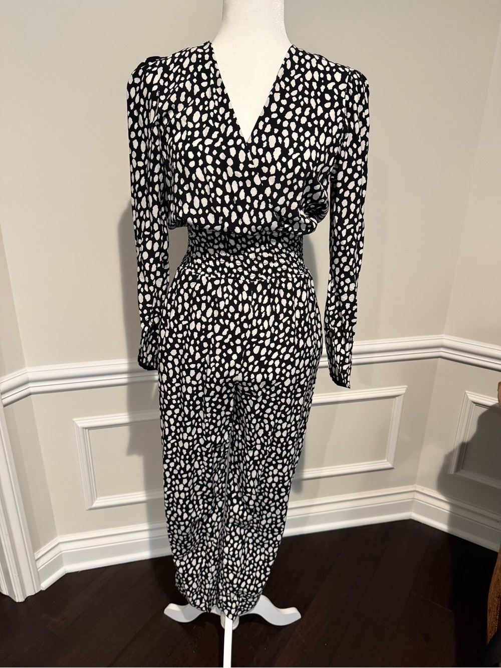 Maje Black and White Printed Long-Sleeve Jumpsuit